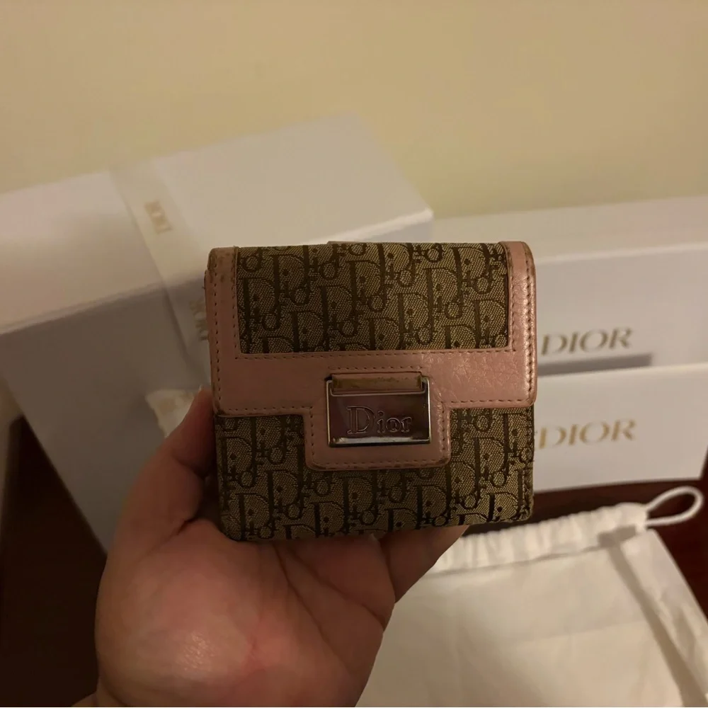 Dior Brown Monogram Canvas Wallet with Pink Trim